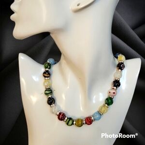 Handmade Rainbow Floral Millefiori Glass Beaded Necklace
